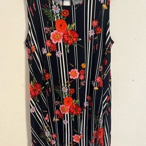 Floral Striped Midi Dress - Black with Red and Pink Flowers